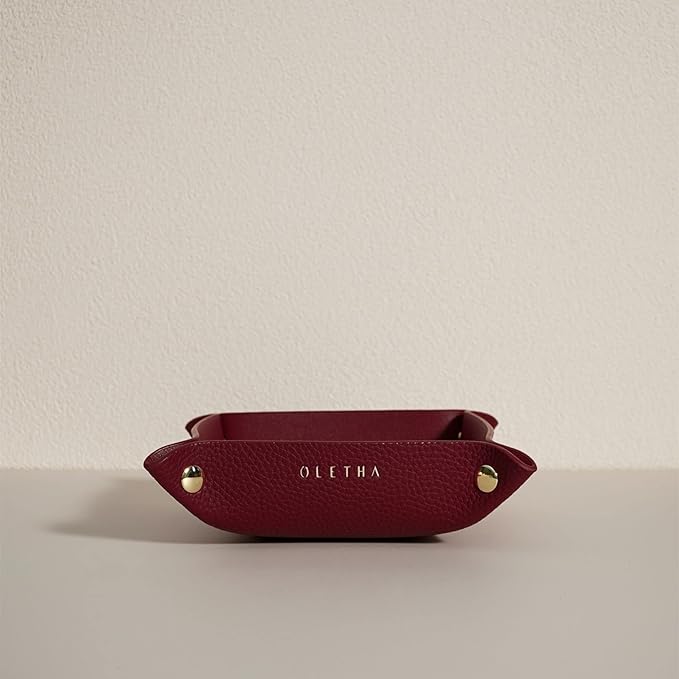 OLETHA Small Foldable Valet Tray - Aesthetic Desk Organizer for Home, Office & Travel - Portable Catch All Bowl for Keys, Jewelry & Essentials - Red