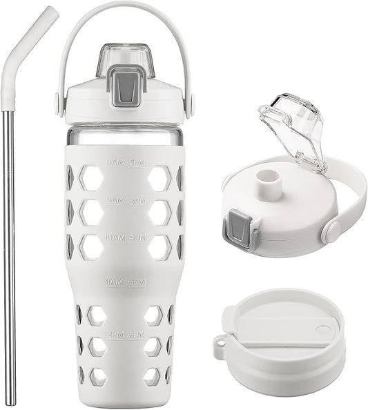 MUKOKO 32 oz Glass Tumbler with Straw,Glass Water Bottles with Time Marker,Iced Coffee Cup with 2 Lids-Handle Spout Lid&Straw Lid,Silicone Sleeve,Leakproof,1 Pack-White