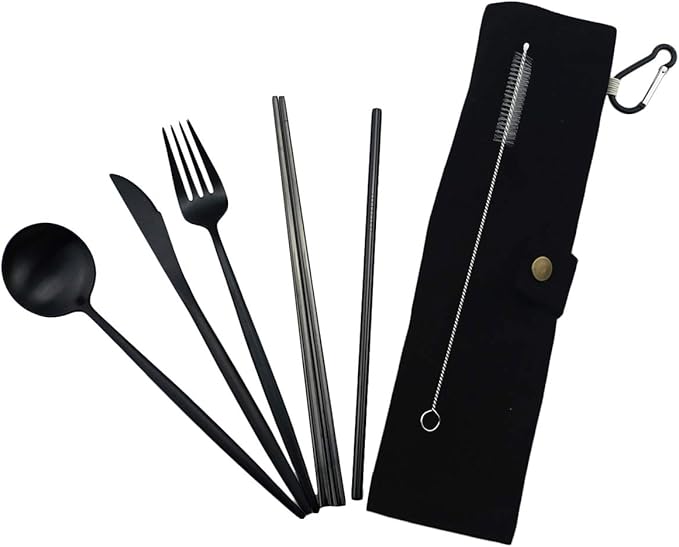 Gugrida Luxury Black Matte Portable 18/10 Stainless Steel Travel Flatware Sets of 7 Portable Camping Cutlery Set, Healthy & Eco-Friendly Flatware Set with Carrying Case for Travel or Camping
