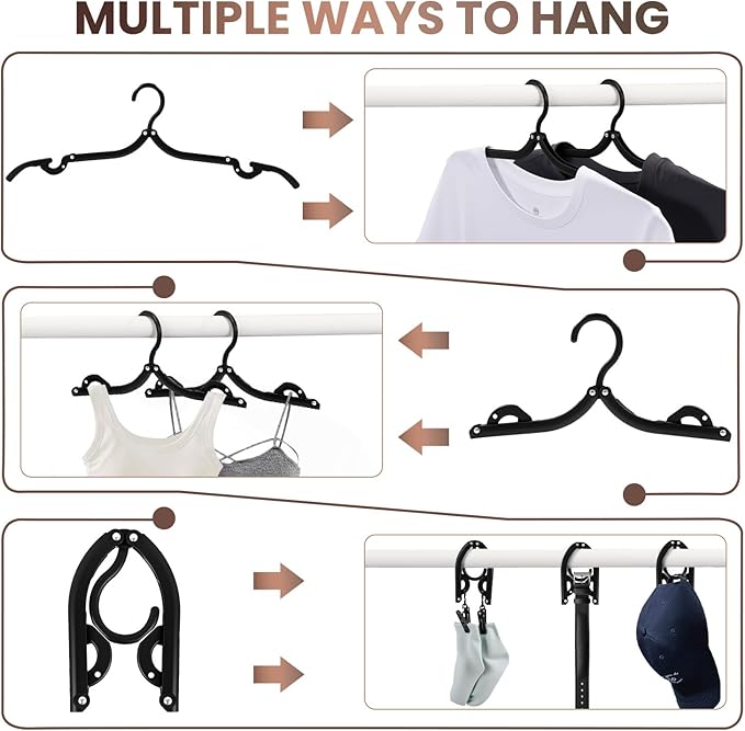 10 Pack Foldable Travel Hangers with 12 Clips - Portable Collapsible Clothes Hangers, Lightweight Folding Coat Hanger & Travel Drying Rack for Clothes
