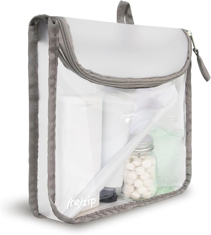 (re)zip Zippered TSA-Compliant Travel Quart Bag | Zippered, Reusable, Storage Bag for Toiletries, Makeup, Suitcase Organization | BPA-Free, Food Grade, Machine Washable (Clear, Gray Piping)