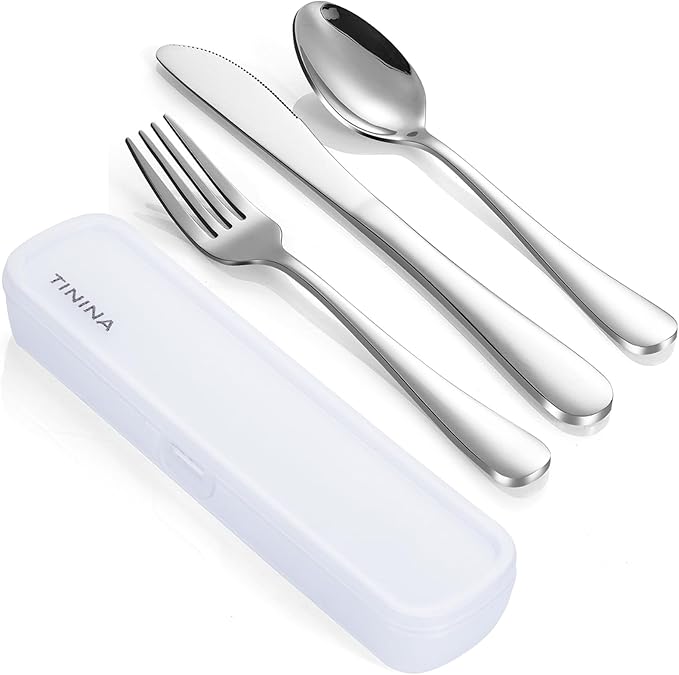 Travel Utensils with Case, 4-Piece Stainless Steel Portable Cutlery Set, Reinforced Case with Buckle Design, Lunch Box for Camping Work School, Include Fork Spoon Knife, Dishwasher Safe, Silver