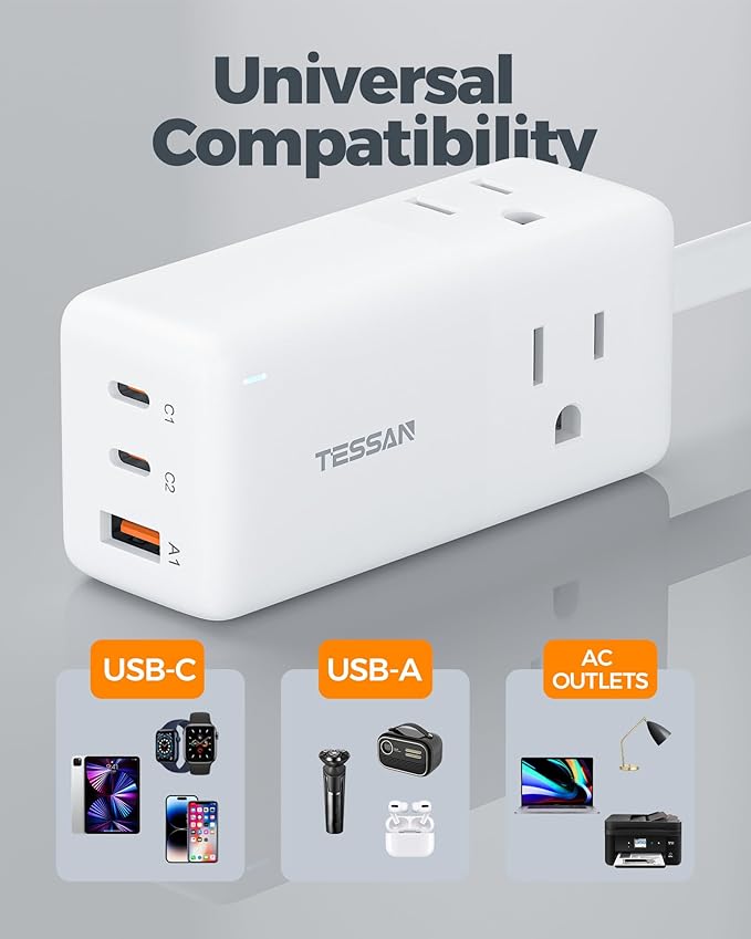TESSAN USB Charging Station PD 30W, Flat Plug USB C Charger Blocks with 3 AC Outlets, Desktop Phone Fast Charger with 5FT Extension Cord for Phone Tablet Laptop, Travel, Office