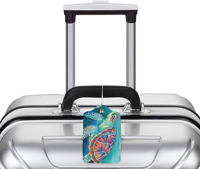 Sea Turtle Leather Luggage Tag with Stainless Steel Ring, Fun Name Id Card Cover Travel Bag Tag Set, Suitable for Travel Bag Luggage Women Men 4 PCS