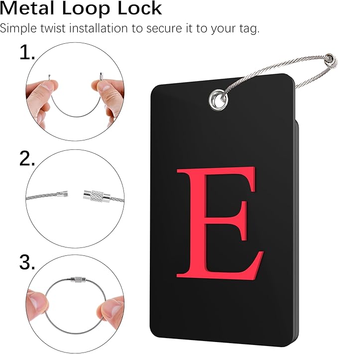 Gostwo 2 Pack Luggage Tags for Suitcases, 26 Initial Letter Travel Luggage Baggage Identification Labels ID Tag Fully Bendable Tags with Stainless Steel Loop (Black) (Letter E)