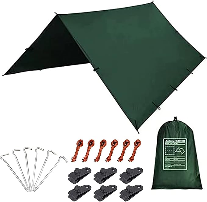KALINCO Waterproof Camping Tarp, 10X12FT Hammock Rain Fly Tent Tarp, Multifunctional Tent Footprint, Lightweight and Compact for Backpacking, Hiking (Green-10X12FT)