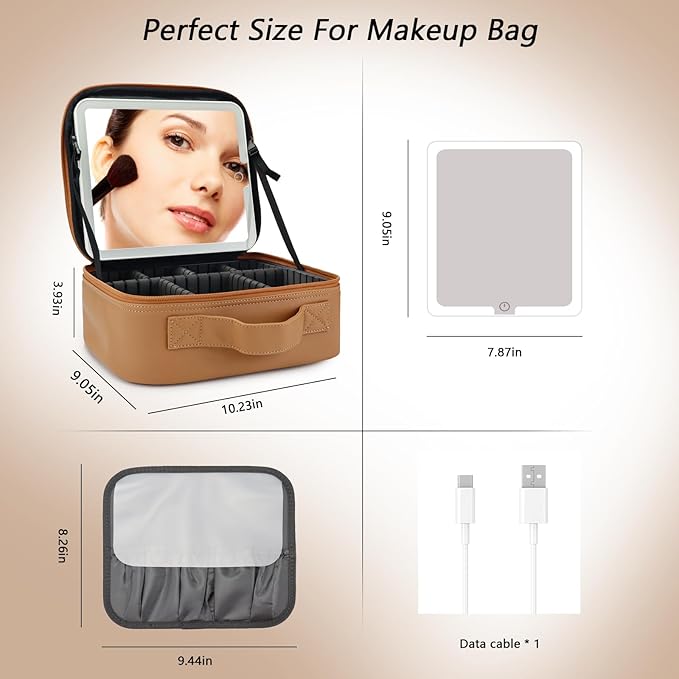 Travel Makeup Bag with LED Mirror Travel Makeup Organizer with 3 Lighted Settings, Adjustable Dividers and Makeup Brush Storage Bag Brown