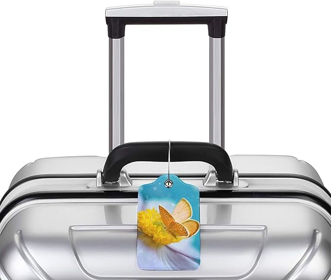 2 Pack Beautiful Sky Blue Luggage Tags for Suitcases, Pretty Yellow Butterfly on White Flower Pattern Unique Leather Suitcase Tags Identifiers with Privacy Name Address Labels for Women Girls Travel