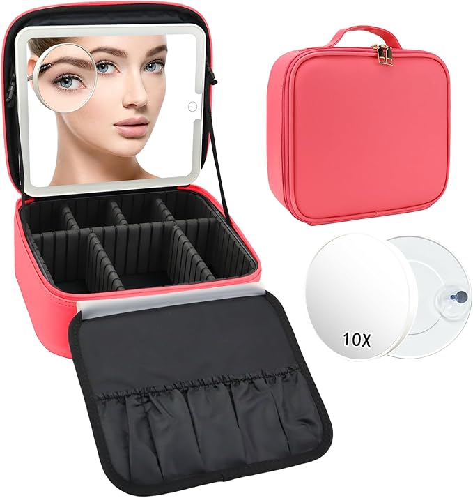 Travel Makeup Bag with LED Mirror and 10x magnifying glass with 3 Lighted Settings, Adjustable Dividers and Makeup Brush Storage Bag Light Red
