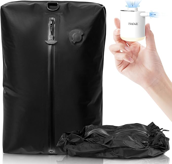 BAGAIL TPU Vacuum Bag for Travel, Reusable Compression Bag with IPX8 Waterproof Zipper, Save Space for Suitcase, Backpack and Carry on (Black, ExtraLarge, With Pump)