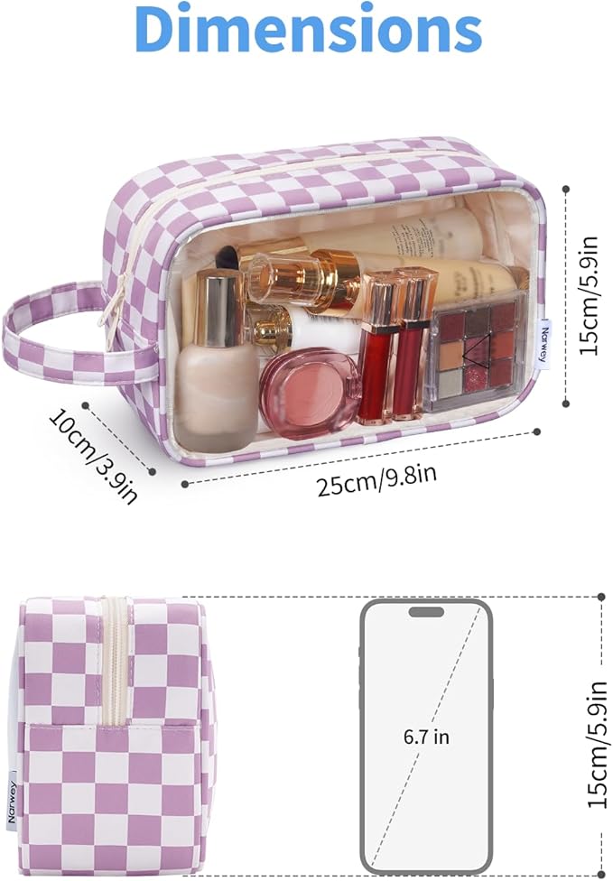 Narwey Clear Toiletry Bags for Traveling Women Men, Clear Travel Bags for Toiletries Makeup Bag Cosmetic Bag with Zipper, Make Up Organizer, Skincare Bag (Purple Checkerboard)