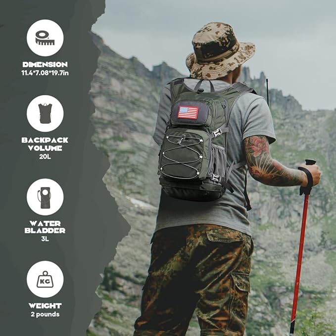 Maelstrom Hydration Hiking Backpack with 2L/3L Water Bladder, High Flow Bite Valve Camping Daypack Lightweight