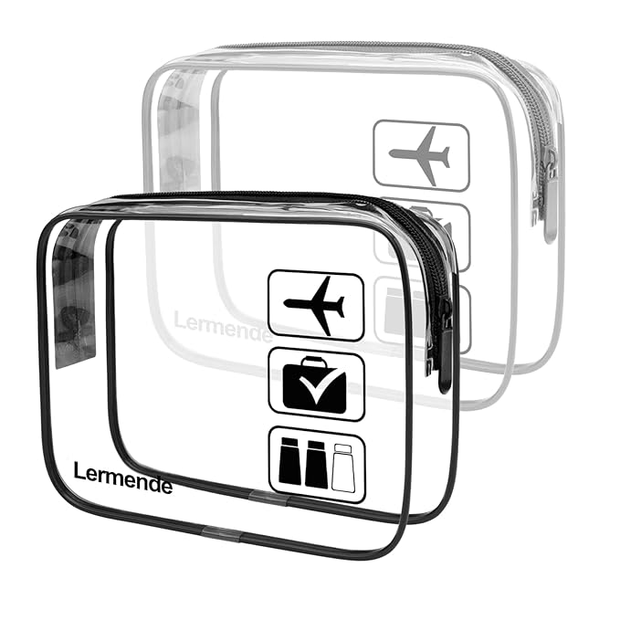 Lermende 2pcs Clear Toiletry Bag TSA Approved Travel Bag,Carry On for Travel,Airport Airline Accessories Compliant Bag,Quart Sized Makeup Cosmetic bag Women Men (Black Gray, 2 Pack)