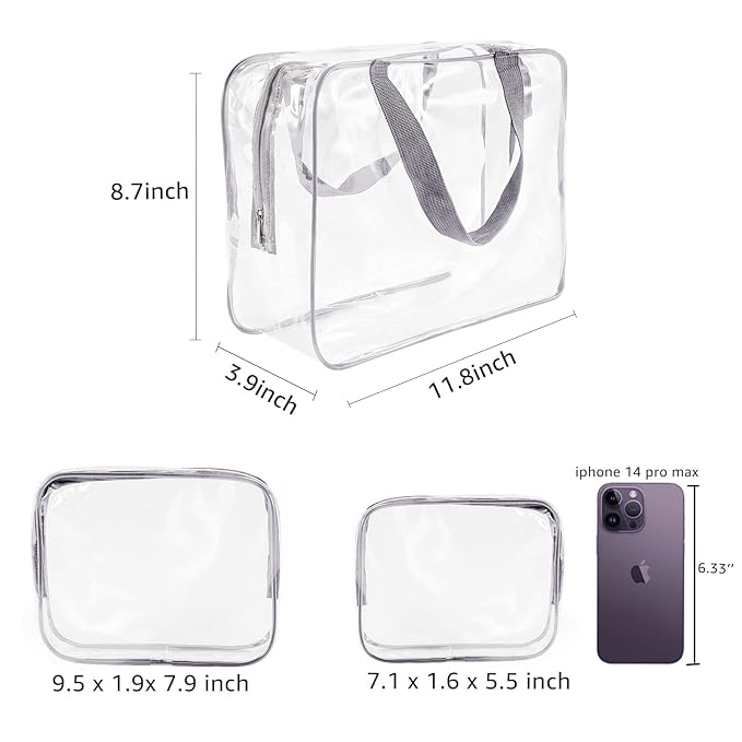3Pcs Crystal Clear PVC Travel Toiletry Bag Kit for Women Men, Waterproof Vinyl Packing Organizer Storage Bags with Zipper Handle Straps, Cosmetic Pouch Carry on Airport Airline Compliant Bag Handbag