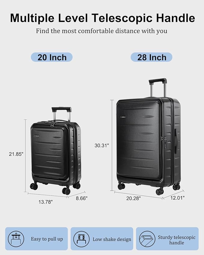Luggage Sets 2 Pieces, 20 Inch Carry On Luggage and Expandable 28 Inch Checked Luggage with Spinner Wheels, Lightweight ABS+PC Hard Shell Suitcase with Front Opening, TSA Lock (Black, 20/28)