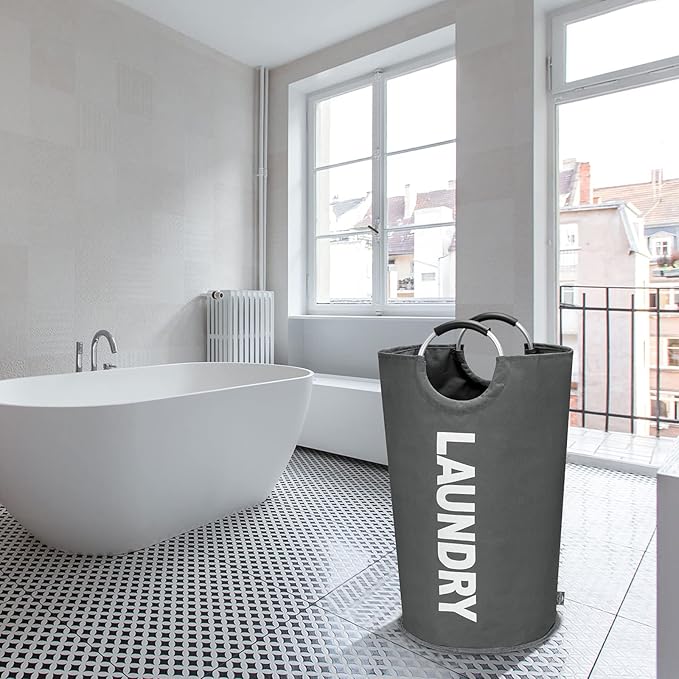 DOKEHOM 90L Large Laundry Basket, Collapsible Laundry Bag, Freestanding Tall Clothes Hamper, Foldable Washing Bin (Dark Grey)