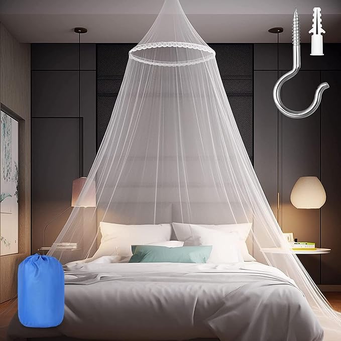 Mosquito Net for Bed, Large White Bed Canopy for Girls, Hanging Bed Net, Easy Installation Ideal for Bedroom Decorative, Travel with Storage Bag (Lace Flower)