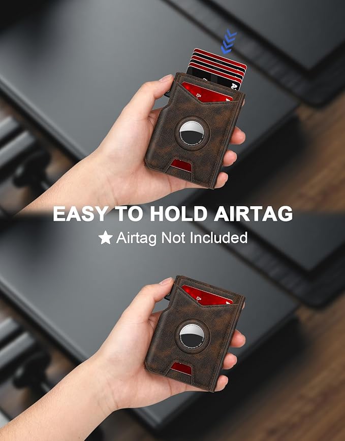 Airtag Wallet for Men, Minimalist Slim Mens Wallet Smart Pop Up Credit Card Holder for 9-13 Cards, RFID Blocking Wallet with ID Window & Cash Slot, Compact Bifold Metal Aluminum Card Case
