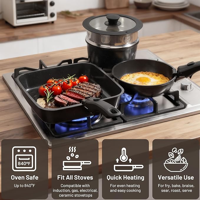 KIKCOIN Ceramic Nonstick Pots and Pans Set - Cookware Set with Detachable Handle - 25 Pack Stackable Cooking Set for RV Kitchen, with Frying Pans, Steamer - Induction/Dishwasher/Oven Safe, PFOA Free