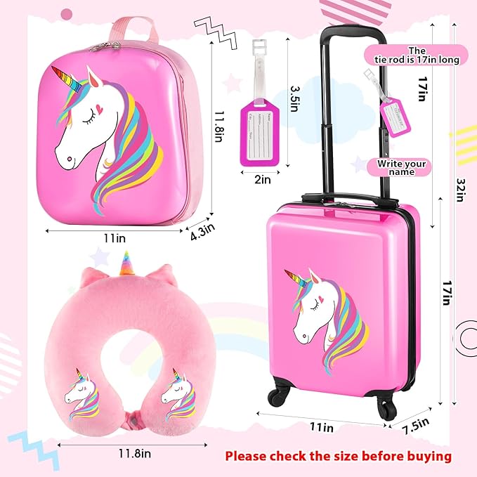 Sanwuta 4 Pcs Kids Luggage Set Kids Backpack Travel Rolling Suitcase with Wheels U-shape Pillow Childrens Gift for Girls Boys(17 Inch,Unicorn Style,Pink)