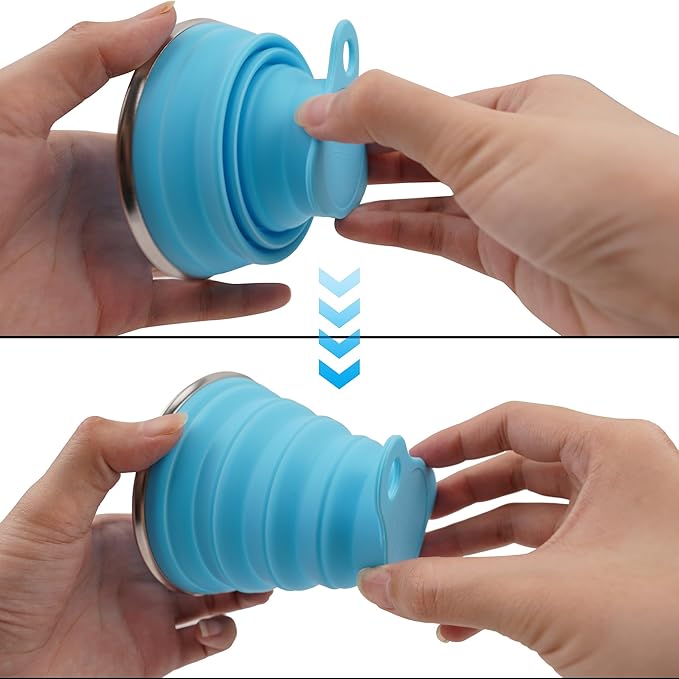2 Pack Collapsible Silicone Travel Cups with Lids Portable Folding Camping Cups (Blue & Orange)