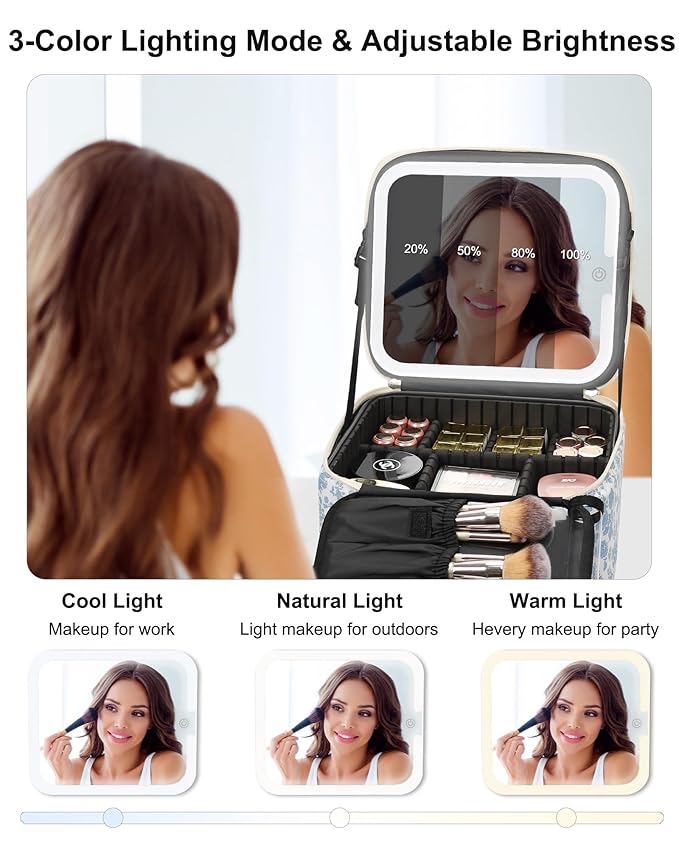 Relavel Travel Makeup Bag with LED Mirror, Portable Cosmetic Train Case with 3 Color Lighted Brightness Mirror, Makeup Artist Organizer Storage with Adjustable Dividers Make Up Box - Blue Flower