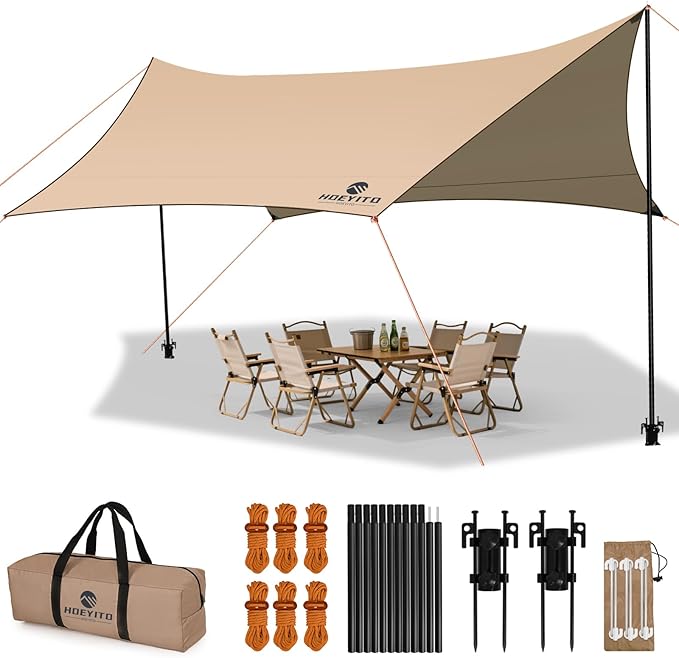 Camping Tarp with Poles & Retainer,15x12.5FT Large Waterproof 210D Oxford Cloth Camping Canopy, Anti-UV UPF100+ Tent Tarp Car Awning for Outdoor, Picnic, Hammock, Car, Backpacking (Khaki)