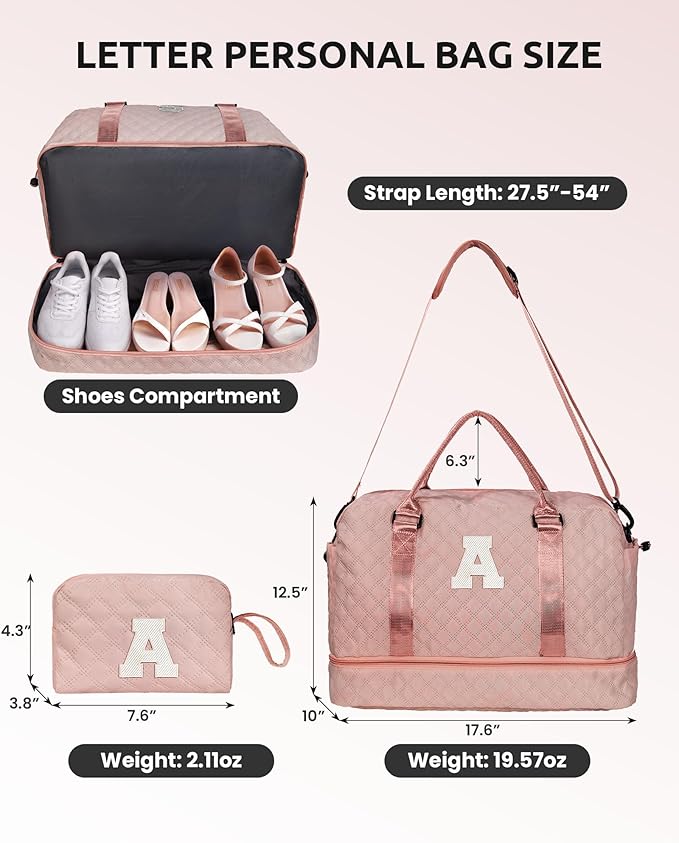 Gifts for Granddaughter-Initial Duffle Bag with Shoe Compartment, Personalized Weekender Bag, Monogram Overnight Bag, Letter Travel Bag with Makeup Bag，Daughter Friend Gifts (Letter S), Pink