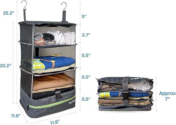 Grand Fusion Stow-N-Go Travel Luggage Organizer – Portable Hanging Travel Shelves, Carry-On Closet Organizer, Hanging Packing Cubes, Collapsible Carry-On Organizer for Cruises & Hotels. Dark Gray - L