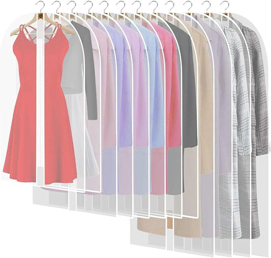 12 Pack Breathable Clothes Covers with Zip, Waterproof Dustproof Garment Covers Bags Dress Bag Covers Damp-proof Mens Suit Storage Bag for Wardrobe Storage and Travel(White)