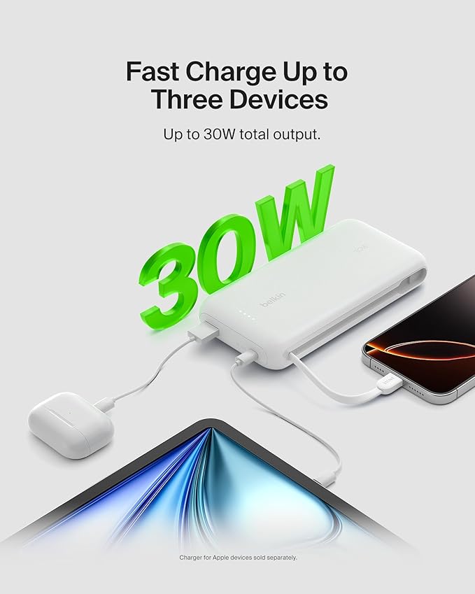 Belkin Portable Charger, Power Bank with Integrated Cable 20000 mAh 30W - Fast Charging USB C Power Delivery, iPhone Charger - iPhone 16 Series, iPad Pro, Galaxy S25 Series, & More - White