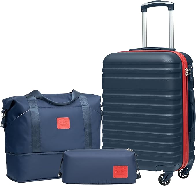 Coolife Suitcase Set 3 Piece Luggage Set Carry On Hardside Luggage with TSA Lock Spinner Wheels (Navy+Red, 3 piece set (DB/TB/20))