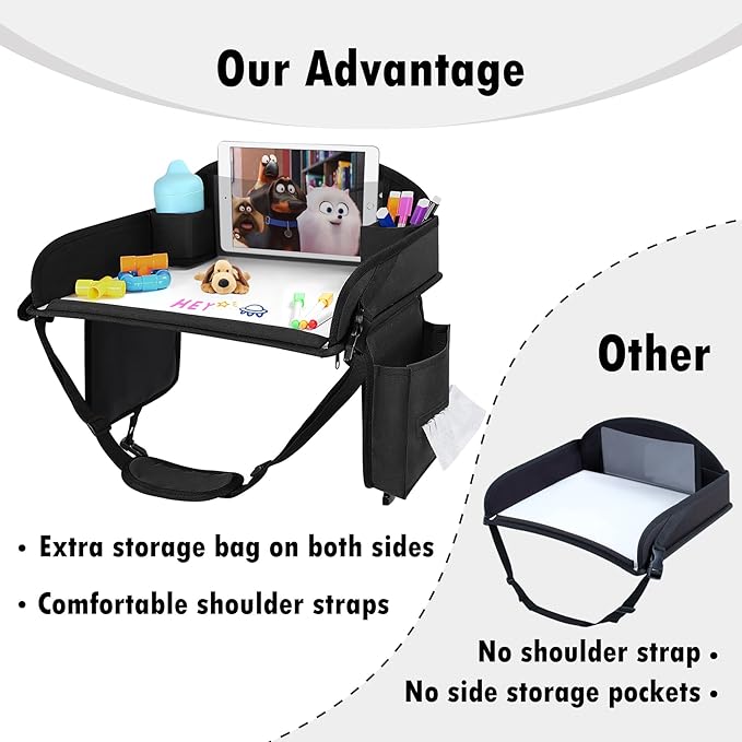 Kids Travel Tray for Toddler Car Seat, Lap Tray for Girl Activities with Dry Erase Board & Cooler Cup Holder, Road Trip Essentials Accessories with No-Drop Large Tablet iPad Holder Stand,2Pc Black