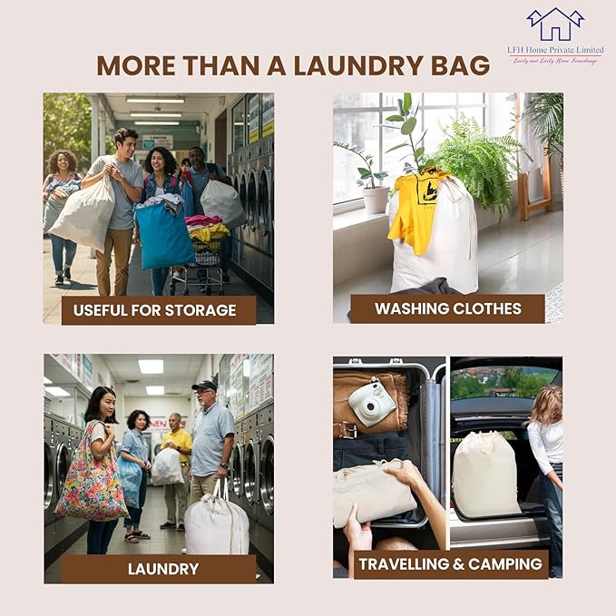 LFH Home Cotton Canvas Extra Large Laundry Bag with Handle, Heavy Duty Drawstring Closure Washable Laundry Bags School Travel, Home, Hotel, College Dorm, Organizer Sack, Toys Clothes 28x36-White