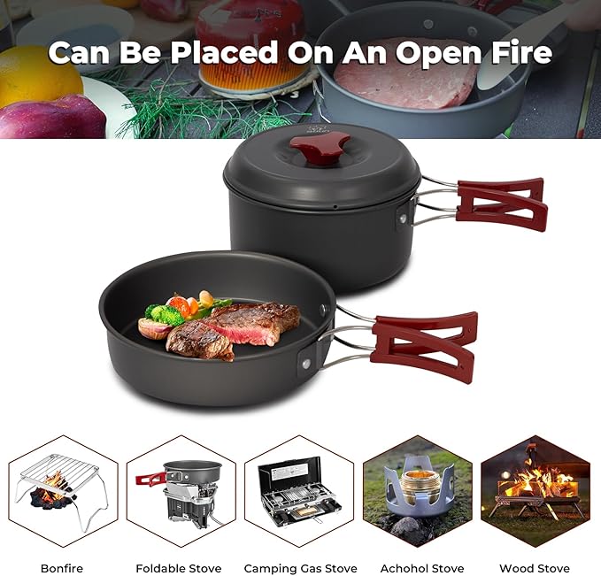 Bulin 24/13/11/8/4 PCS Camping Cookware Mess Kit Lightweight Backpacking Cooking Set Outdoor Cook Gear for Family Hiking, Picnic(Kettle, Pot, Frying Pan, Bowls, Plates, Spoon)