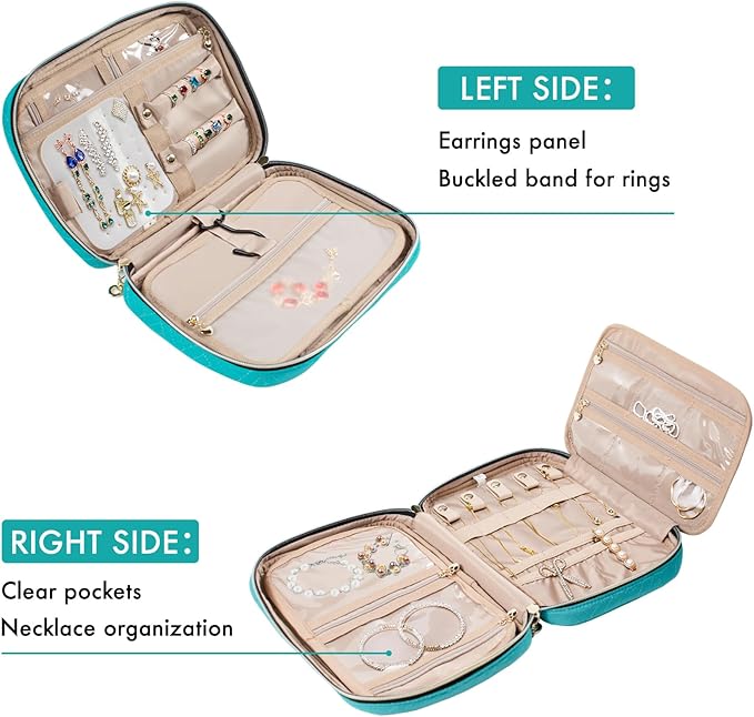 SFYBYHEART Travel Jewelry Organizer Case, Jewelry Travel Bags for Women, Large Capacity Travel Jewelry Case for Tangle-Free Earrings, Necklaces, Rings Storage, Travel Accessories,Teal