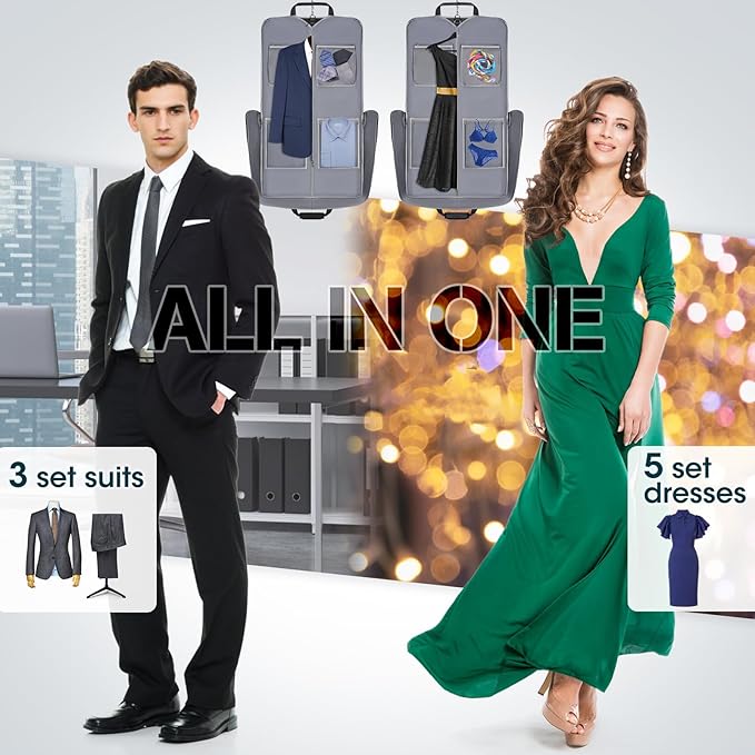 RAINSMORE Garment Bags for Travel Carry On Garment Bag for Hanging Clothes, Suit Bag for Business Trips with Shoes bag & Shoulder Strap, Waterproof Foldable Suit Luggage Bag for Men Women, Gray
