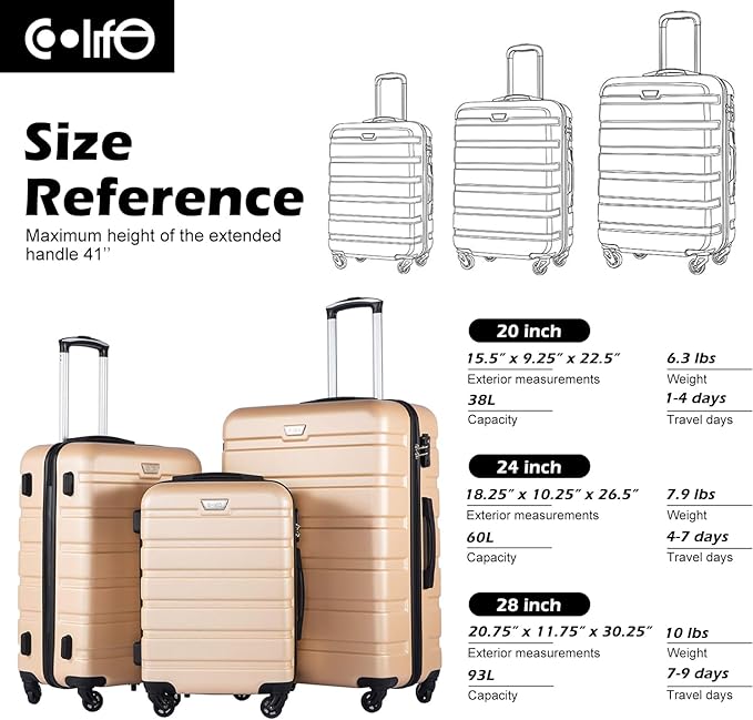Coolife Luggage 3 Piece Set Suitcase Spinner Hardshell Lightweight TSA Lock (black, 3 piece set(20in24in28in))