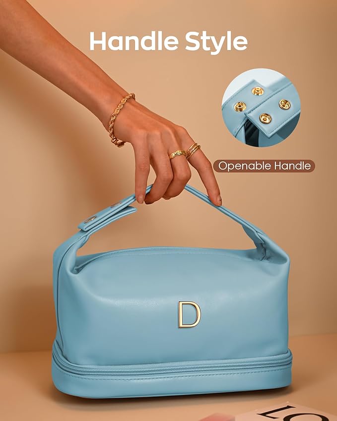 Gifts for Women - 30th 40th 50th 60th 70th Birthday Gifts, Personalized Makeup Bag with Handle, Initial Double Layer Cosmetic Bag with Makeup Brush Organizer, Gifts for Friends Female