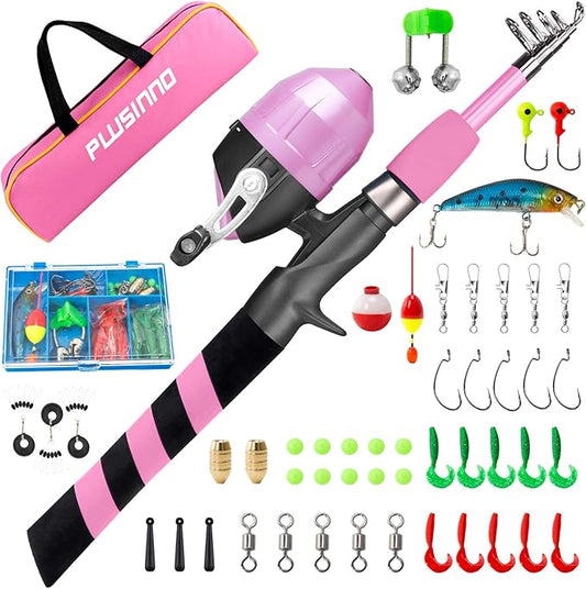 PLUSINNO Kids Fishing Pole, Portable Telescopic Fishing Rod and Reel Combo Kit - with Spincast Fishing Reel Tackle Box for Boys, Girls, Youth