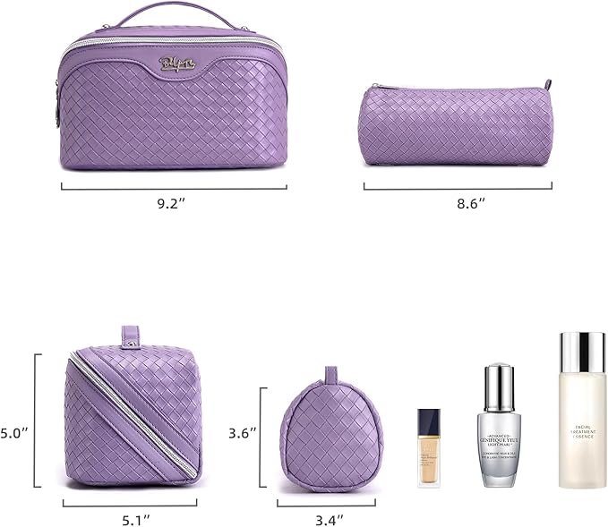 BOYATU Travel Makeup Bag Cosmetic Bags for Women: Large Capacity 3 Pcs Set Make up Bag with Compartments - Waterproof Vegan Leather Toiletry Organizer Bags with Handle - Travel Essentials(L01 Purple)