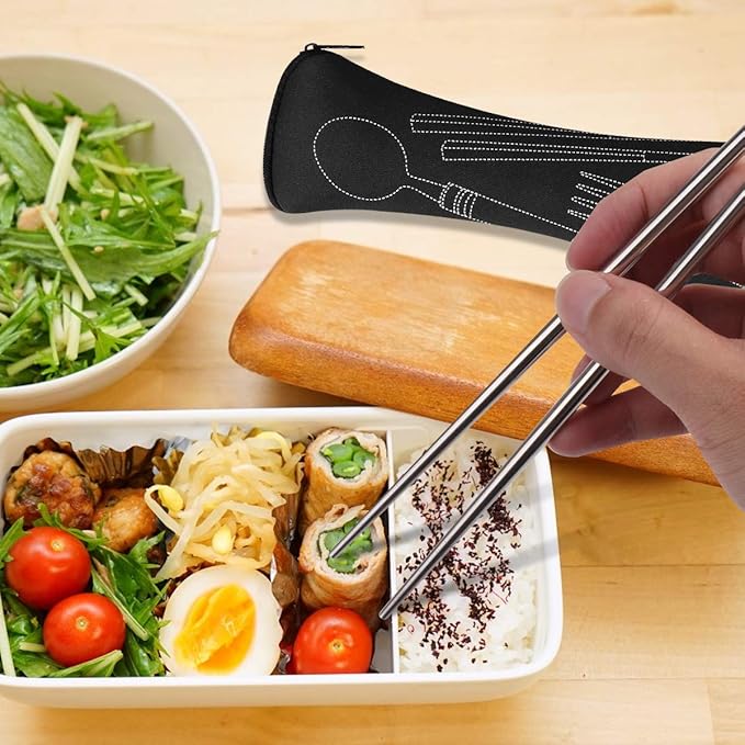 6 Pack Reusable Flatware Sets Knife, Fork, Spoon, Chopsticks, 24Pcs Portable Travel Stainless Steel Tableware Dinnerware with Carrying Case