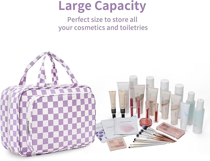 Narwey Travel Toiletry Bag for Women Large Hanging Makeup Bag Organizer Toiletries Bag for Full Size Essentials Accessories Cosmetics (Purple Checkerboard (Large))