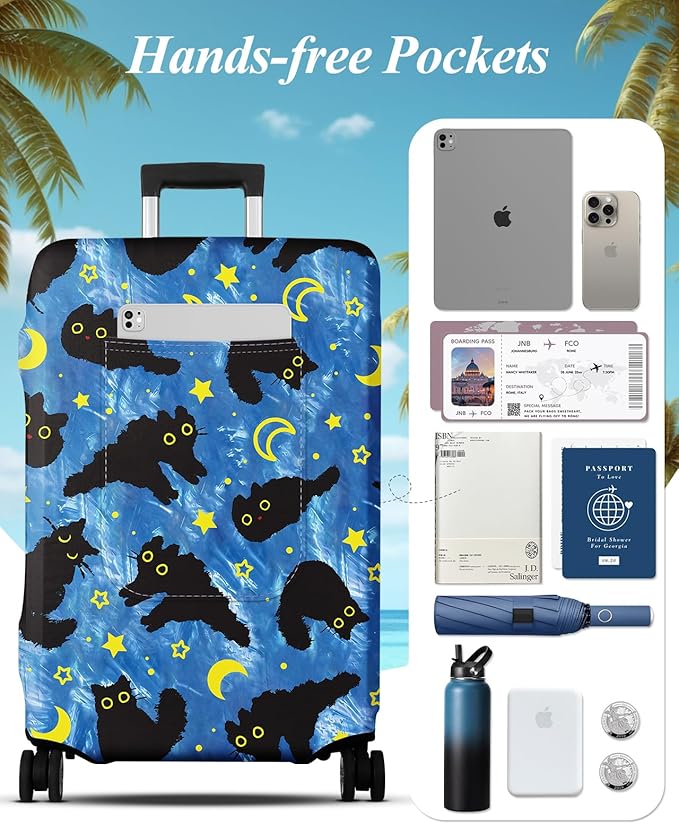Slohif Luggage Cover for Suitcase Tsa Approved Protector - Luggage Sleeve Large Suit Case Cover Travel Stretch Baggage Case Protective Washable Fit 24-27 Inch Black Cat M