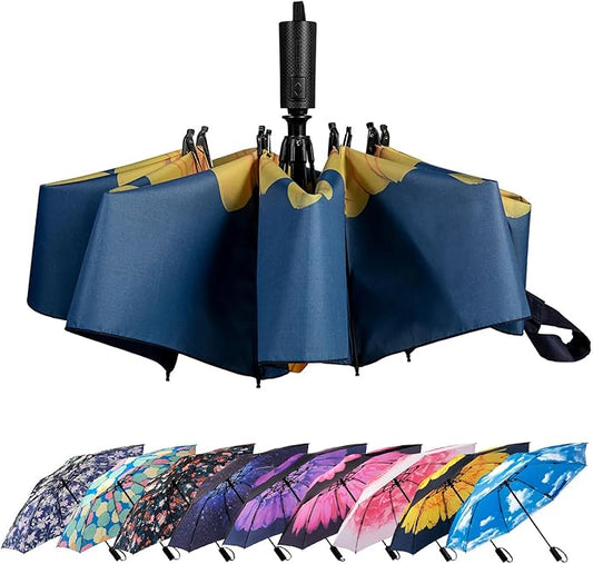 LANBRELLA Compact Reverse Folding Umbrella Auto Windproof Travel Umbrella