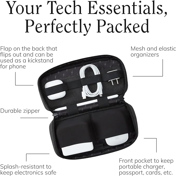 Halfday Sidekick Tech Organizer Kit | Flip-Out Kickstand for Phone/Tablet, Zip-Flat Pouch with Power Mesh & Elastic for Cable & Charger (Splash-Resistant Travel Electronics Accessories Case), Shadow