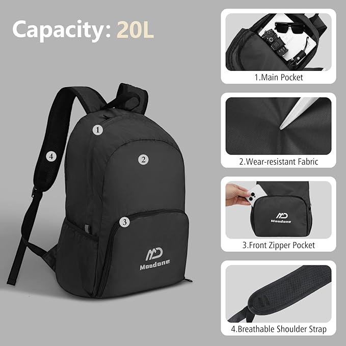 20L Ultra Lightweight Packable Backpack，Handy Foldable Waterproof Daypack for Travel, Collapsible Hiking Backpack Camping Outdoor Cycling Backpacking Women & Men, Black