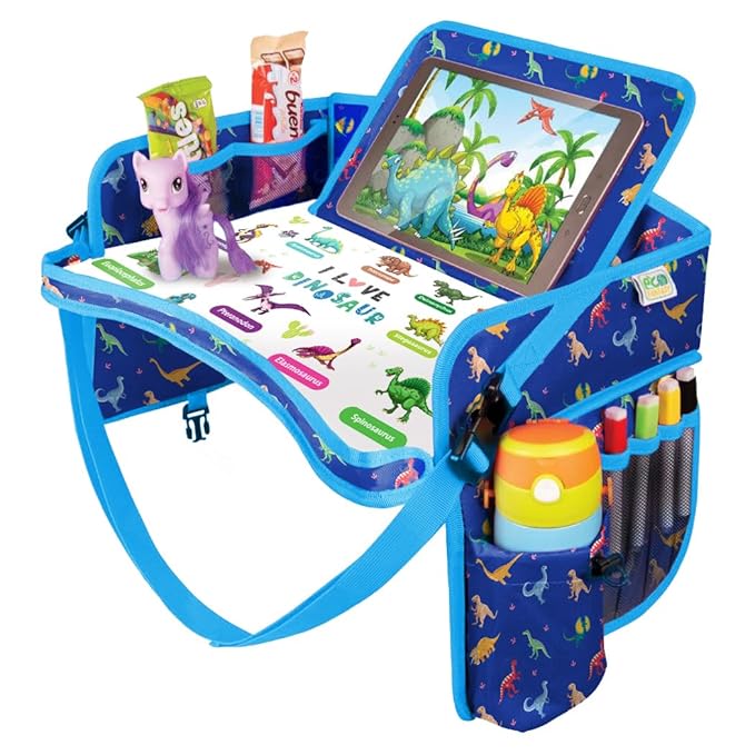 Kids Travel Tray - Waterproof Car Table with No-Drop Large Tablet Holder - Car Seat Tray - Road Trip Must Haves - Lap Desk Kids Organizer for Airplane - Toddler Travel Activities (Blue)