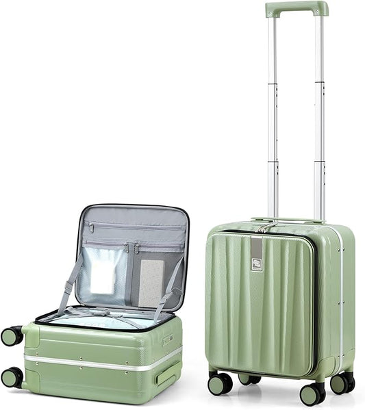 Hanke 16 Inch Underseat Carry On Luggage with Wheels,Small Hard Shell Suitcases for Weekender,Top Opening Lightweight Travel Luggage Suitcase for Womem Men,Bamboo Green.