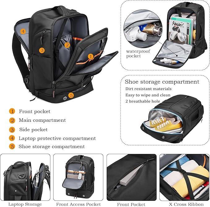 Somago Laptop Backpack Carry On Water Resistant Durable Daypack Backpack fits 16 inch Laptop Anti Theft Travel Rucksack Backpack with Shoe Compartment Luggage Strap for Men Women, 33L, Black
